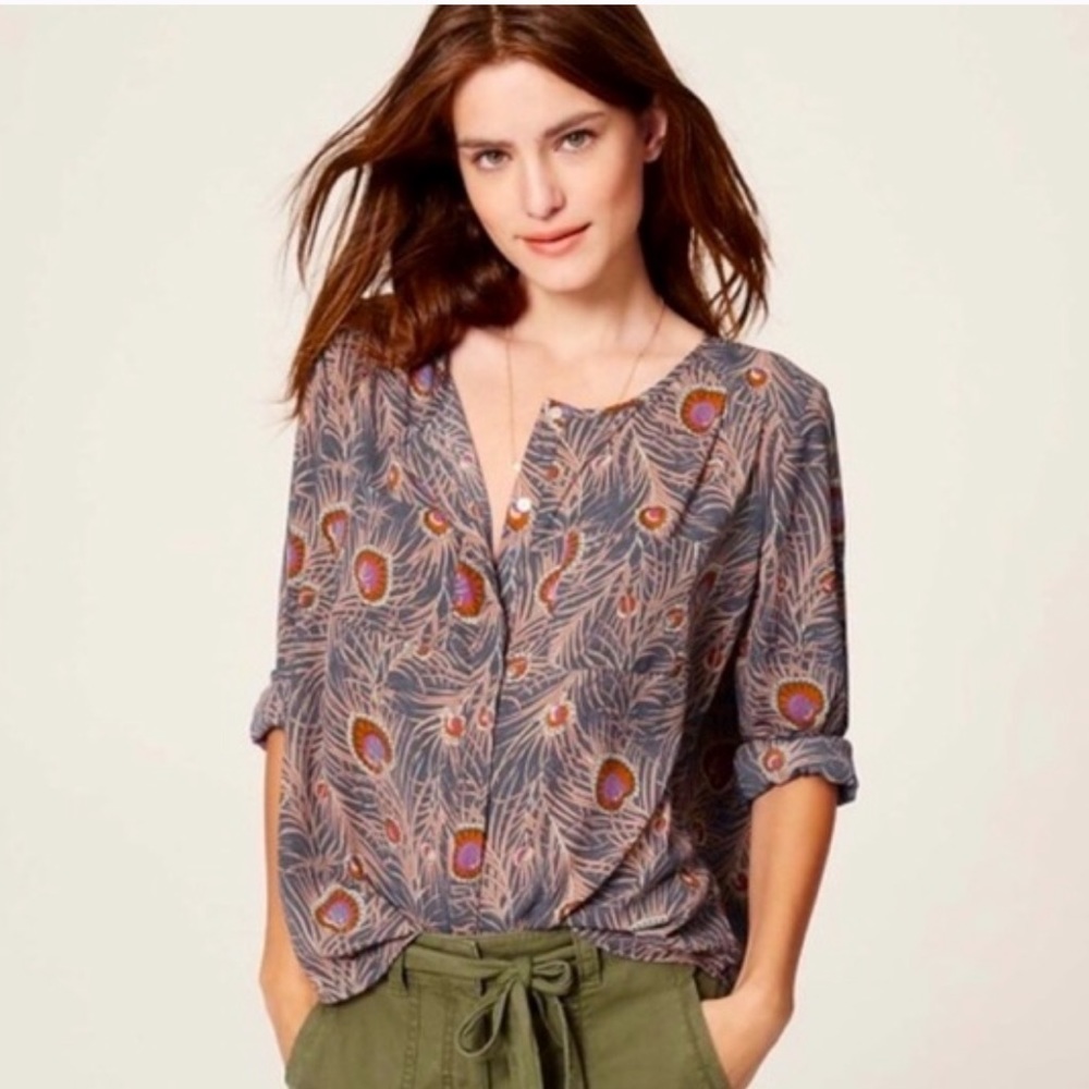 Ann Taylor LOFT Top | Peacock Print Long Sleeve Blouse | Size XS